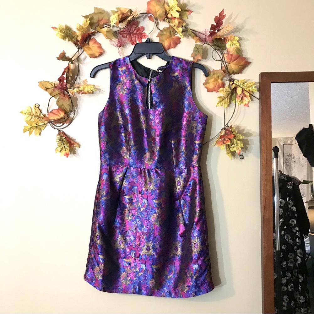 Purple Floral Metallic Fit & Flare Dress Sz L